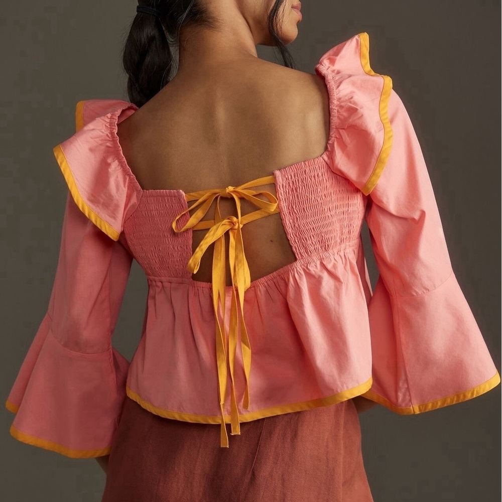 Maeve by Anthropologie Pink Ruffle Square Neck Tie Back 3/4 Sleeve Blouse S - Picture 2 of 11